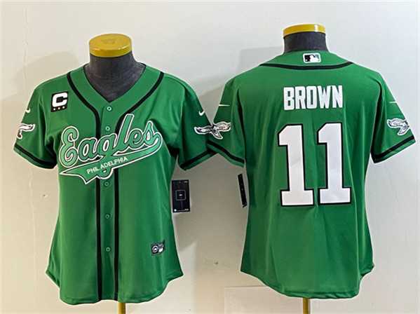 Women%27s Philadelphia Eagles #11 A. J. Brown Green With 3-Star C Patch Cool Base Stitched Baseball Jersey(Run Small)